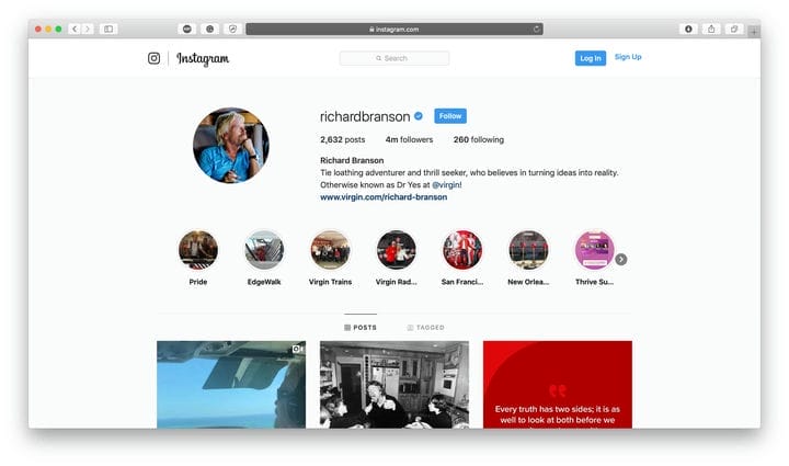 Биография Ричарда Брэнсона в Instagram